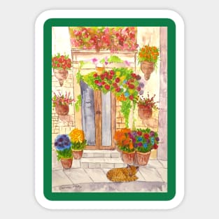 Mediterranean Villa with Flowers and a Cat! Sticker